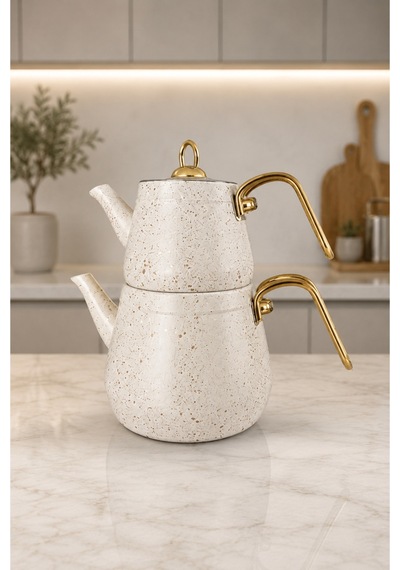 Gold Metal Kulplu Granit Kaplama Bej Çaydanlık Seti 2.1 Litre - 1.1 Litre Bej