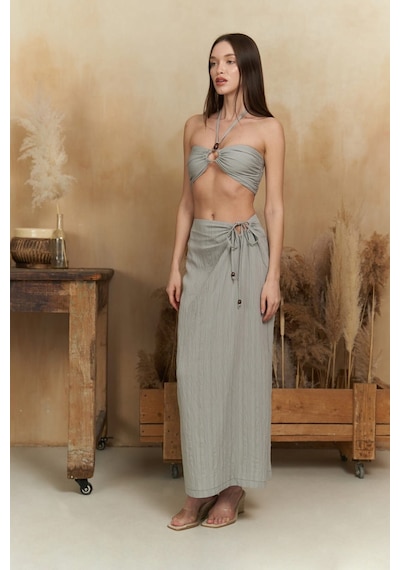 Mai Collection Mai Studios Co. Lovina Çizgili Gri Crop Etek Takım Gri