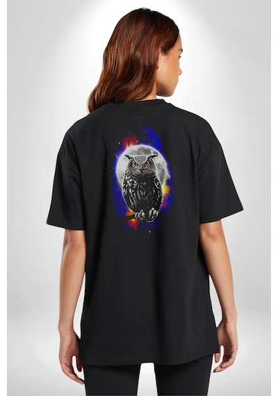 Baykuş Ay Gece Uğur Pamuklu Unisex Oversize Sırt Dijital Baskılı Siyah T-shirt Siyah