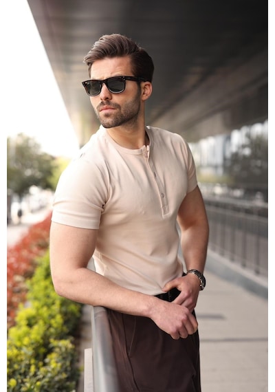 Madmext Bej Yarım Düğmeli Slim Fit Erkek Tişört E7186