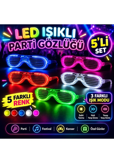 Ren.ga.renk Glow Model Led Işıklı Parti Gözlüğü 3 Modlu 5 Renk 5 Adet Rengaren Diğer