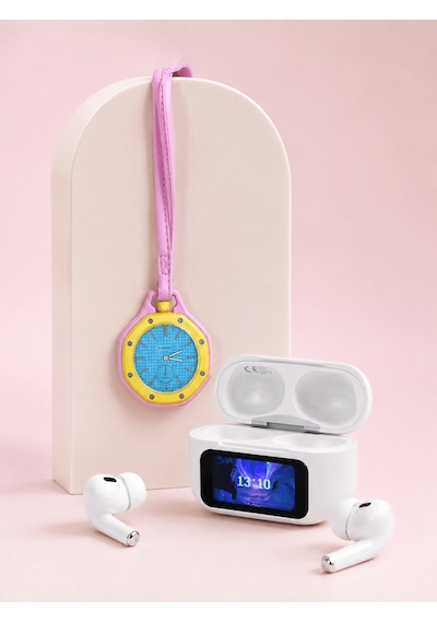 Bluetooth 5.4 Kablosuz Kulaklık Pembe Askılı Analog Charm Saat İk