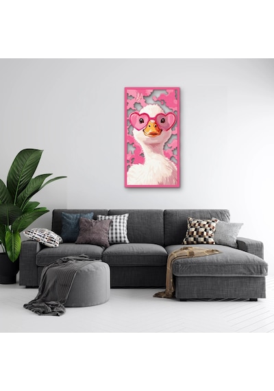 Kalp Gözlüklü Ördek Metal Tablo 36x65 Cm Çok Renkli