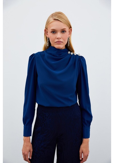 Sateen Düğmeleri Taş Detaylı Bluz - Lacivert-134895 Lacivert