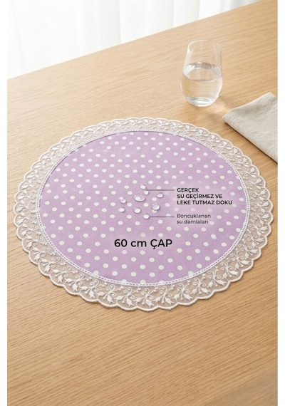 Lüks Fransız Güpürlü Yuvarlak Runner - Puantiyeli Sunum Ve Sofra Örtüsü 60 Cm Mor