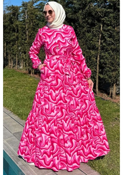 Rabia Şamlı Su Desenli Elbise Pembe Normal