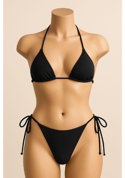 Kadın Siyah Yandan Ve Boyundan Bağlamalı Bikini Mayo Takımı