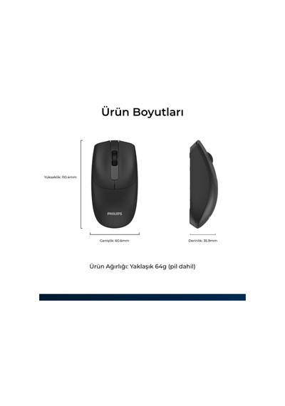 Philips Uyumlu  Spk7398b Kablosuz 1600dpı Sessiz Optik Mouse Siyah Diğer