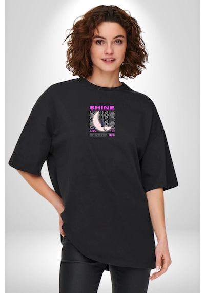 Parlayan Siyah Kedi Siyah Oversize Unisex Ön Orta Minimal Baskılı Tişört Siyah