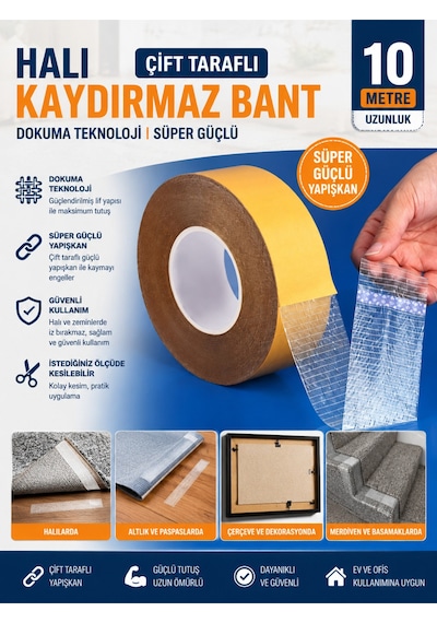 2 Adet 10 Metre Halı Kaydırmaz Bant Çift Taraflı Dokuma Teknoloji Süper Güçlü Çerçeve Taşıyıcı Bant