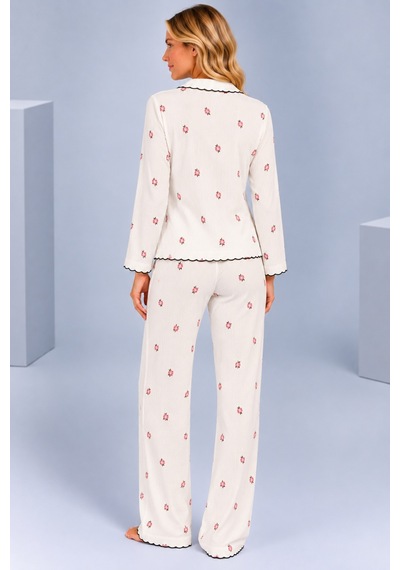 Pijamask Kadın Desenli Fiyonk Detaylı Düğmeli Uzun Kollu Müslin Pijama Takımı Ekru