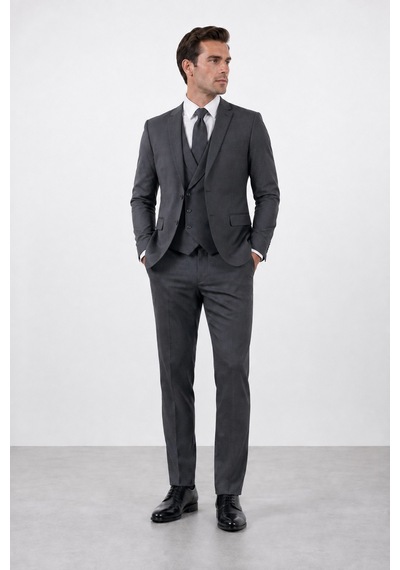 Bihan Store Erkek 6 Drop Slim Fit Yelekli Takım Elbise Çift Yırtmaç Altın Kuş Gözü - Füme Fümel Bihan Store Erkek 6 Drop Slim Fit Yelekli Takım Elbise Çift Yırtmaç Altın Kuş Gözü - Füme Fümel