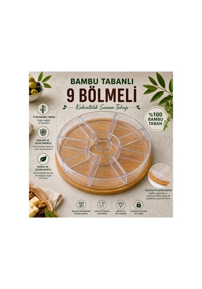%100 Bambu Tabanlı 9 Bölmeli Çerezlik, Atıştırmalık Sunum Tabağı- Şeffaf Plastik Bölmeli Ve Plastik Kapaklı Bej
