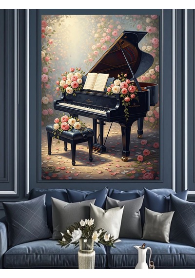 Ahşap Tablo Piyano Ve Çiçekler Müzik Teması
