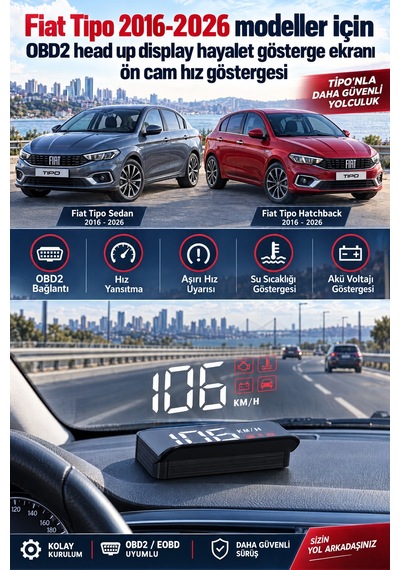 Fiat Tipo 2016-2026 Modeller İçin Obd2 Head Up Display Hayalet Gösterge Ekranı Ön Cam Hız Göstergesi