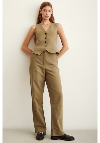Yüksek Bel Keten Pantolon Haki Haki