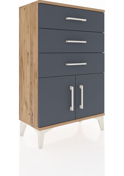 Arges Komodin 3 Çekmeceli 2 Kapaklı 60x30x96 Çam-antrasit Atlas Çam