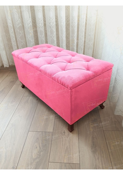 Lüks Sandıklı Kapitoneli Ayakucu Puf Bench 90 Cm Ceviz Ayak Pembe