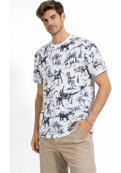 Freedom Storee Erkek Dinozor Dijıtal Ön Ve Arka Baskılı Tişört Bisiklet Yaka T-shirt - Beyaz Çok Renkli