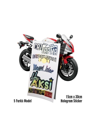 Türkçe Yazı Hologram Sticker 5li - Motosiklet Kelebek Cam Uyumlu Sticker