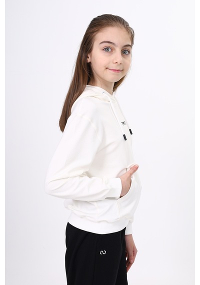 Toontoy Kız Çocuk Oversize Kapüşonlu Cepli Düşük Omuz Baskılı Sweatshirt - 2 İplik Ekru