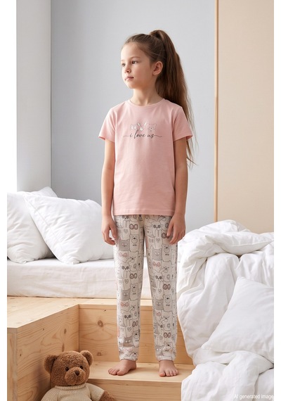 Aydoğan Desenli Kız Çocuk Süprem Pamuklu Pijama Takımı 260285 Pudra