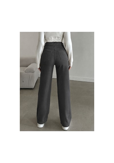 Kene Jeans Yüksek Bel Füme Keten Bol Paça Tam Kalıp Pantolon Füme