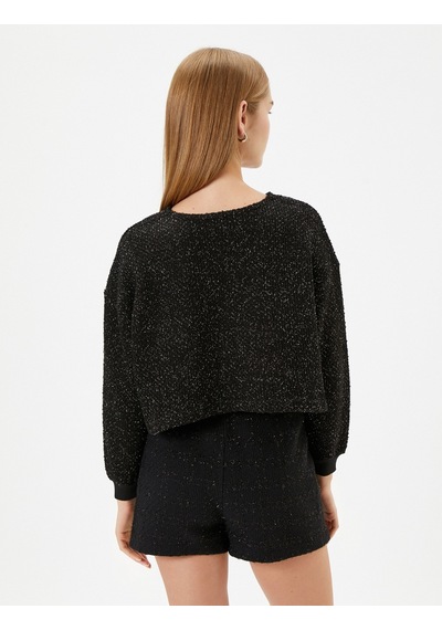 Koton Crop Oversize Tüvit Sweatshirt Uzun Kollu Bisiklet Yaka Siyah 4wal10673ık Siyah