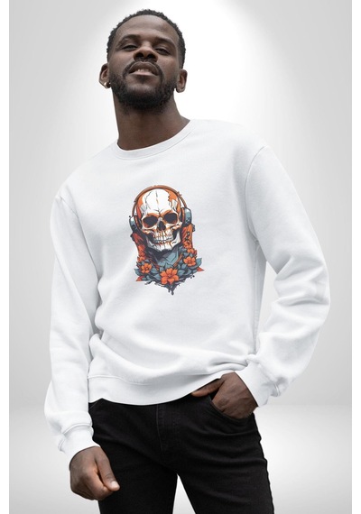 Müzik Kulaklık Takan Kurukafa Kırmızı Gül Unisex Beyaz Baskılı Sweatshirt Beyaz