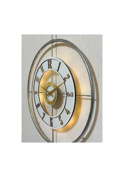 Pey Aksesuar Metal Camlı Duvar Saati Krom Toz Boya 60x80cm Büyük Boy Işıklı Gerçek Cam Duvar Saati Modern Tasarım Gri