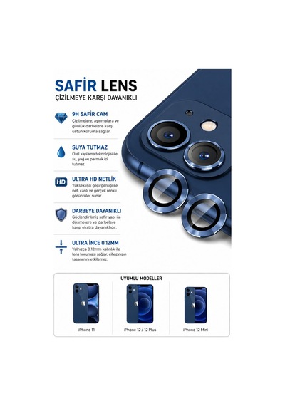 Apple iPhone Uyumlu  11 / 12 / 12 Mini Koyu Mavi Metal Kamera Lens Koruyucu Safir Cam Ultra Net Hd