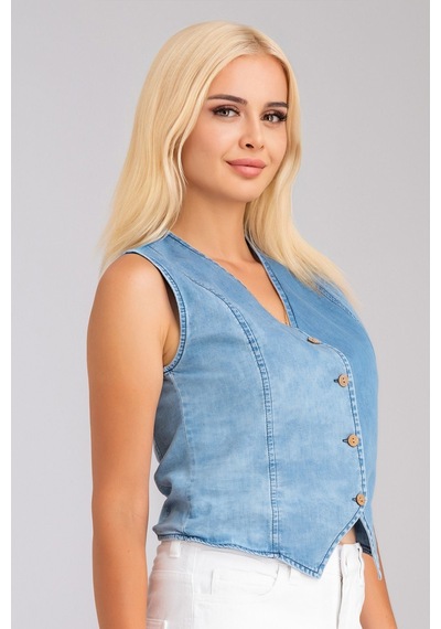 Bold & Young Kadın Bleach Yıkama Lyocell İnce Denim Kumaş Kot Yelek Lacivert