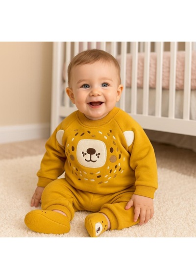Alpbebe Şirin Bear Surat Panduflu Kışlık 2 Parça Takım Sari
