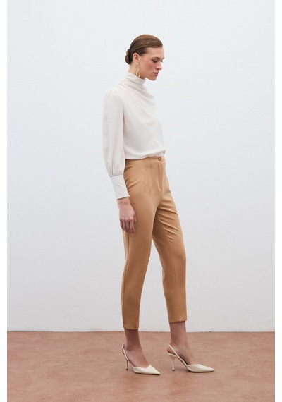 Sateen Yüksek Bel Pantolon - Camel-131563 Camel