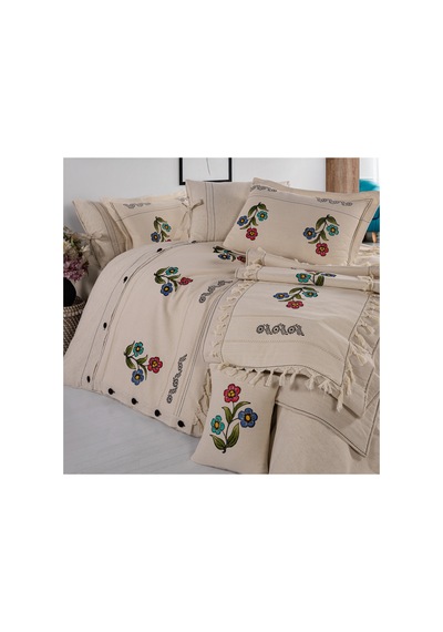 Çiçek Desen 200x220 Pamuk-keten Taş Baskılı Çift Kişilik Nevresim Takımı Krem - 747895135 Krem