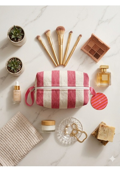 Faralyalife Çizgili Fermuarlı Taşıma Kulplu Makyaj Çantası 20x20 Cm %70 Pamuk %30 Polyester Kozmetik Kadın Makyaj Çantası