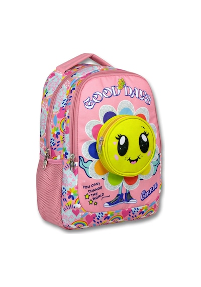 Cennec Pembe - Sarı Kız Çocuk Çiçek Açan Emoji Baskılı İlkokul Okul Sırt Çantası - 6012 Çok Renkli