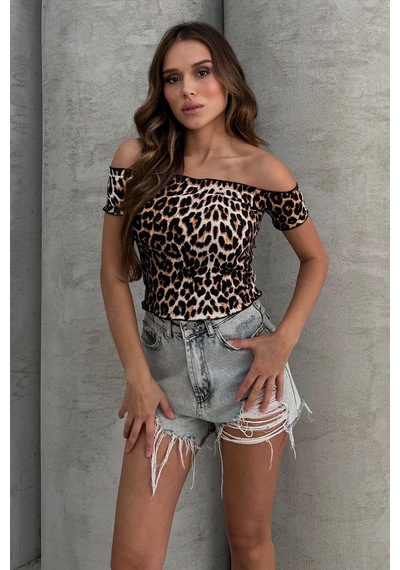 Lesa Wear Leopar Desenli Soft Touch Kayıkçı Yaka Basic Crop Bluz LEOPAR