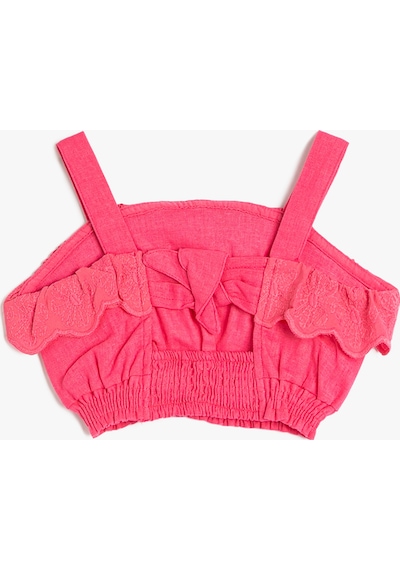 Koton Keten Crop Bluz Slim Askılı Beli Lastikli Fırfırlı Pembe 3smg60010aw 3SMG60010AW294 Pembe