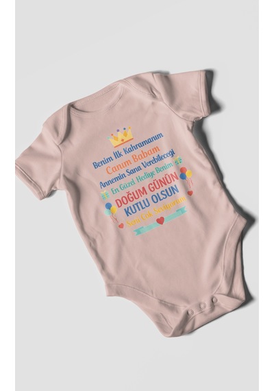 Morivokids Canım Babam Doğum Günün Kutlu Olsun Kısa Kollu Bebek Body %100 Pamuk Pastel Pembe
