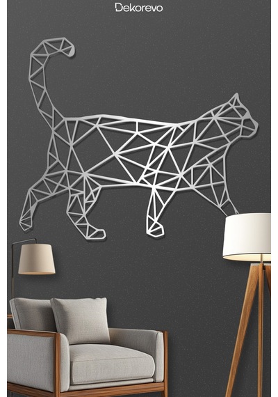 Geometrik Kedi Metal Duvar Tablosu - Metal Duvar Sanatı - Gümüş - 30 X 30 Cm