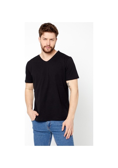 Comeor Erkek Siyah Slim Fit Pamuklu Kısa Kollu V Yaka T-Shirt Siyah
