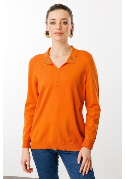 Kadın Polo Yaka Yakası Nakışlı Yazlık Triko Bluz Oranj Oranj