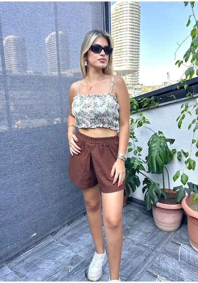 Desenli Crop Top ,kadın Bluz , Büstiyer , Pamuklu Crop Bluz Ekru