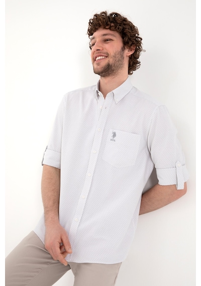U.S. Polo Assn. Erkek Çizgili Gri Melanj Cepli Gömlek 50306288-VR109