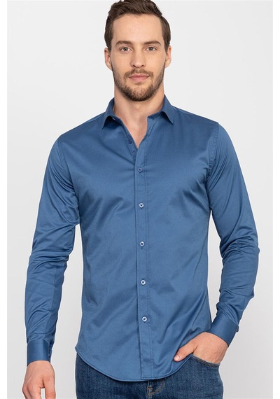 Tudors Slim Fit Dar Kesim Likralı Düz Saten Erkek Gömlek-19937 Mavi