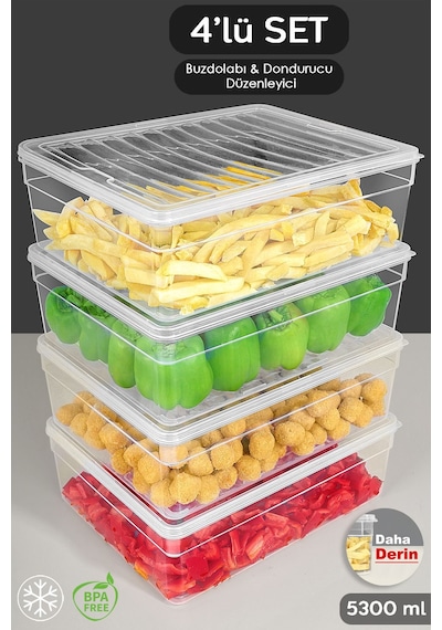Meleni Home Şeffaf Kapak Düzenleyici Organizer Derin Mikrodalga Uyumlu Erzak Gıda Saklama Kabı Set 4'lü 5300 ML
