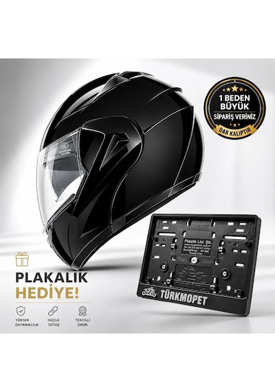 Vrt Çene Açılır Güneş Vizörlü Kask + Plakalık Siyah