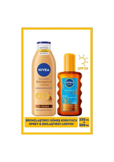 NIVEA Sun Güneş Koruyucu Bronzluk Vücut Spreyi SPF30 200 ML + Q10 Bronzlaştırıcı Losyon 250 ML
