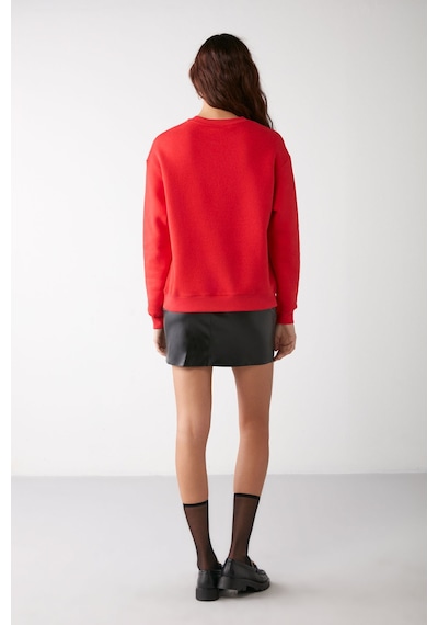 Grimelange Vaneltına  Kadın Içi Polarlı 3 Iplik Organik Pamuk Oversize Basic Bisiklet Yaka Kırmızı Sweatshirt